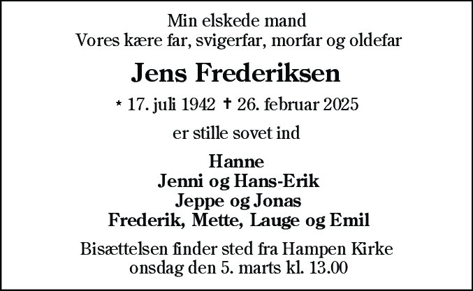 Dødsannonce for Jens Frederiksen