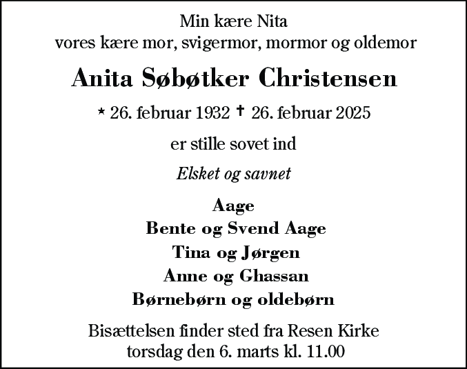Dødsannonce for Anita Søbøtker Christensen