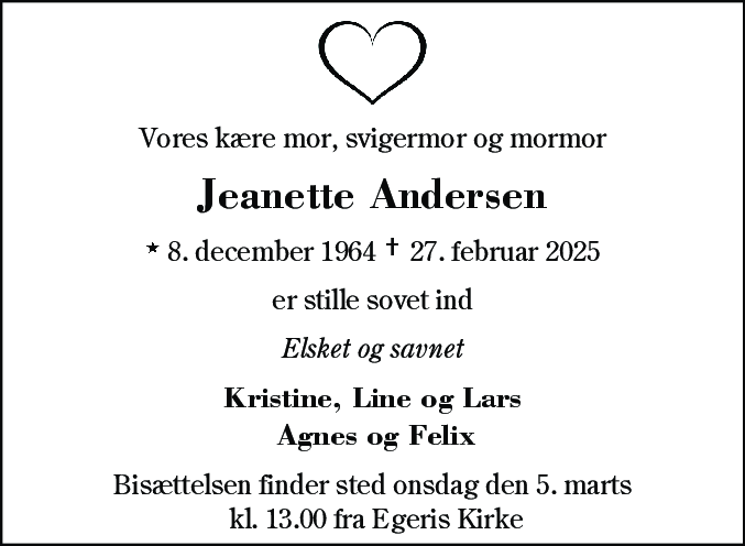 Dødsannonce for Jeanette Andersen