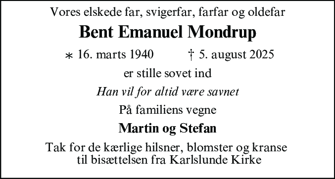 Dødsannonce for Bent Emanuel Mondrup