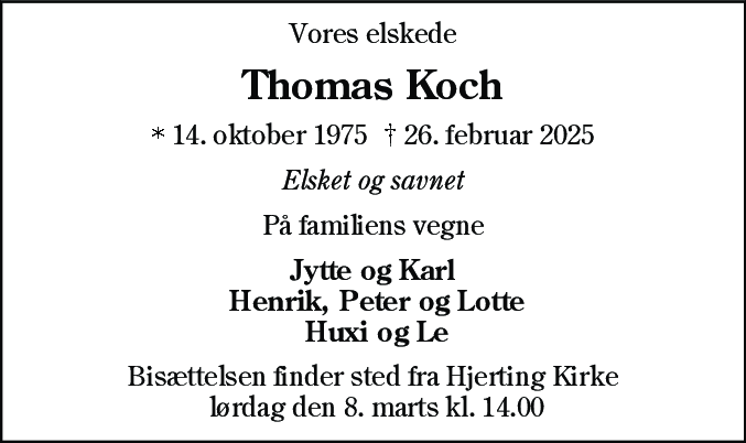 Dødsannonce for Thomas Koch