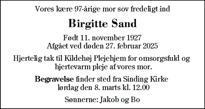 Dødsannonce for Birgitte Sophie Sand