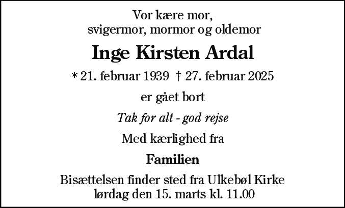 Dødsannonce for Inge Kirsten Ardal