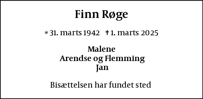 Dødsannonce for Finn Erik Røge