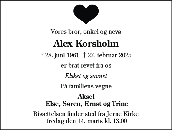 Dødsannonce for Alex Korsholm