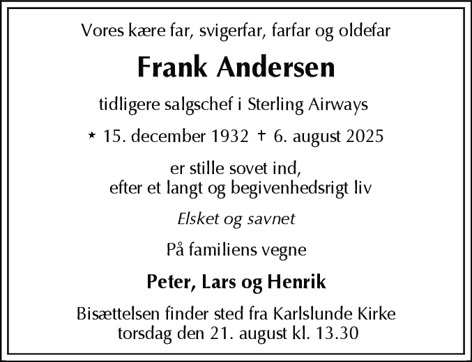 Dødsannonce for Frank Ole Andersen