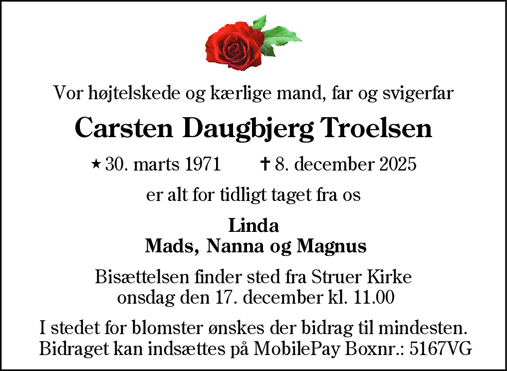 Dødsannonce for Carsten Daugbjerg Troelsen