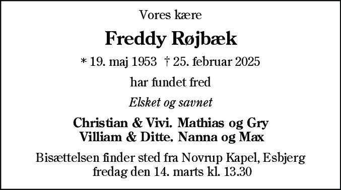 Dødsannonce for Freddy Røjbæk