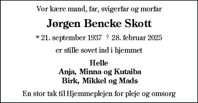 Dødsannonce for Jørgen Bencke Skott