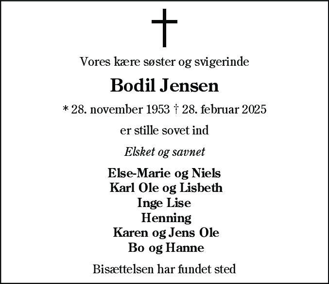 Dødsannonce for Bodil Jensen