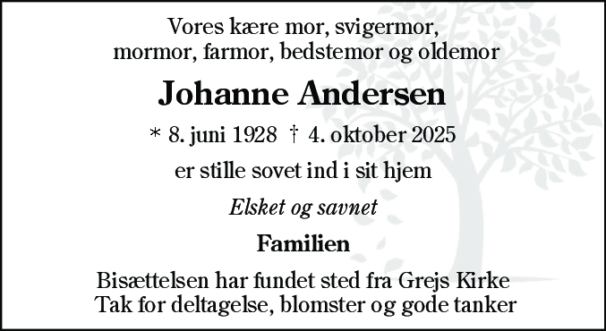 Dødsannonce for Johanne Andersen
