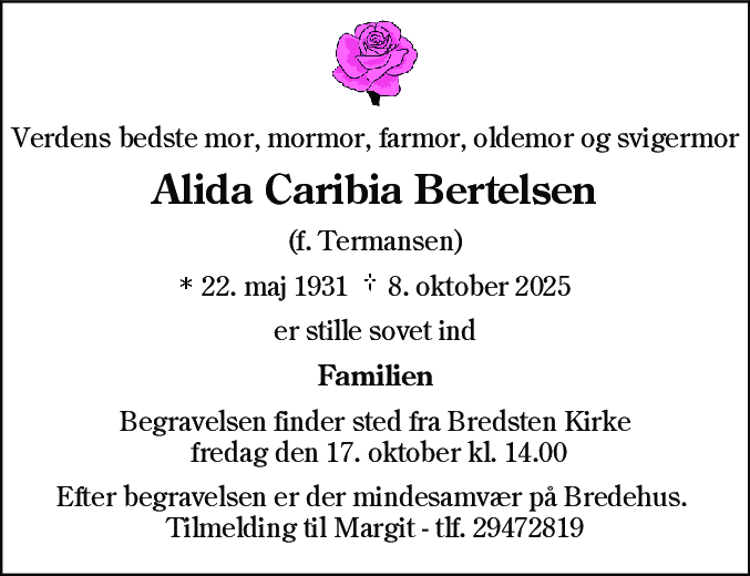 Dødsannonce for Alida Caribia Bertelsen