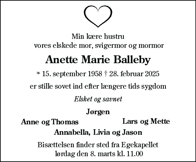 Dødsannonce for Anette Marie Balleby