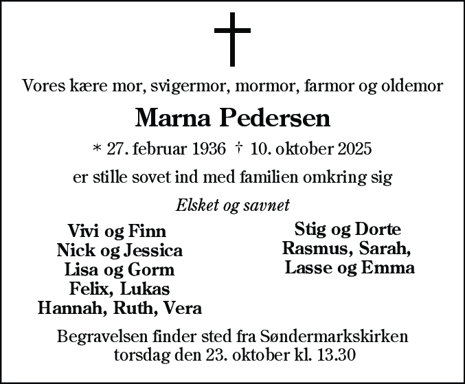 Dødsannonce for Marna Helene Pedersen