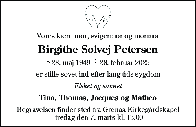 Dødsannonce for Birgithe Solvej Petersen