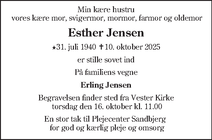 Dødsannonce for Esther Jensen