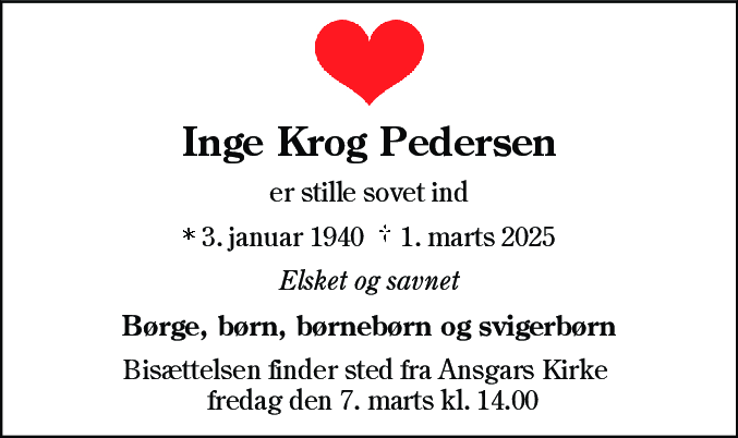 Dødsannonce for Inge Krog Pedersen