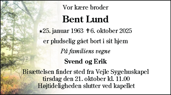 Dødsannonce for Bent Lund