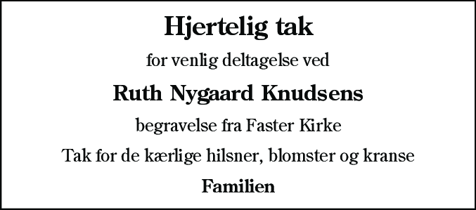 Dødsannonce for Ruth Nygård Knudsen