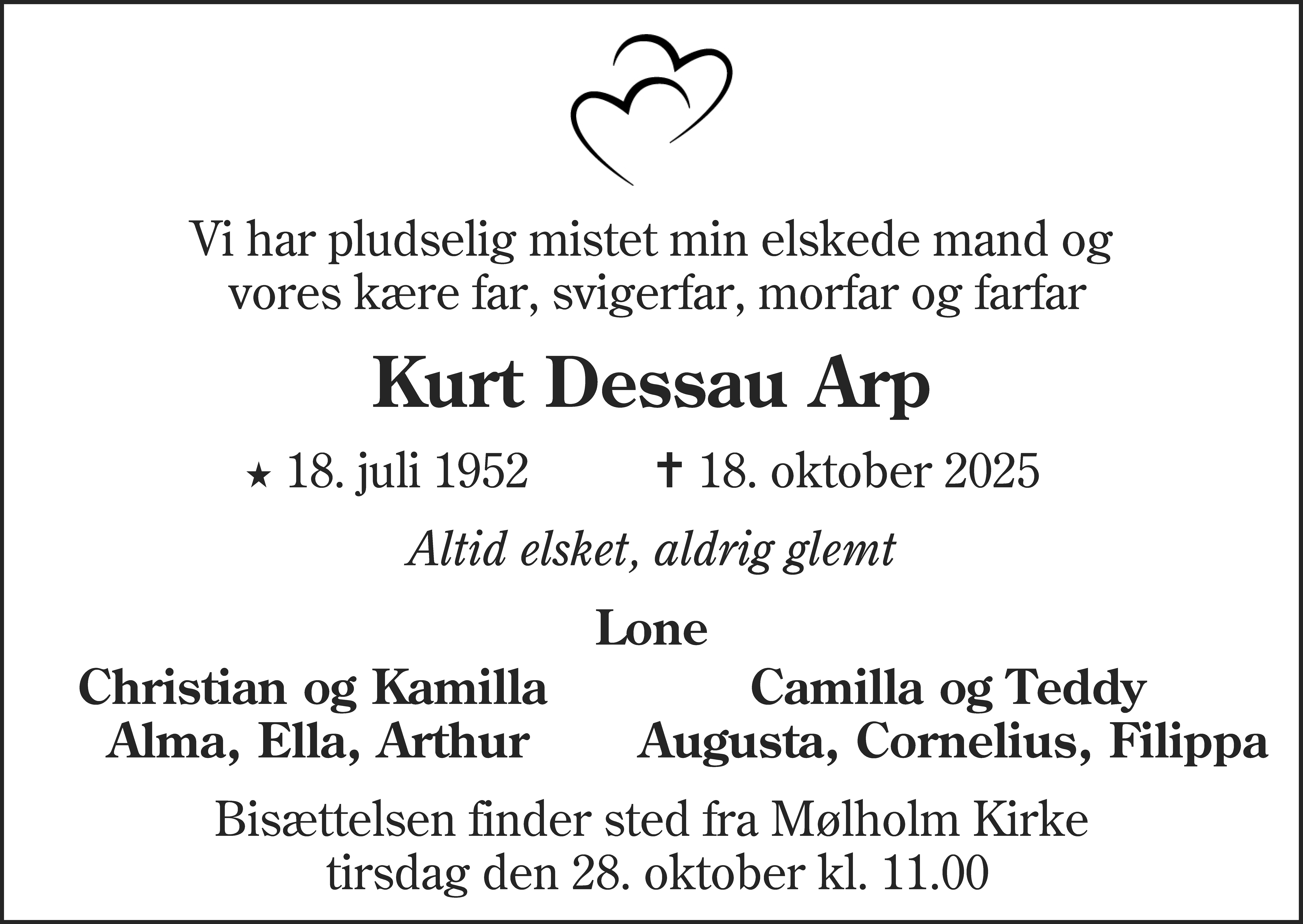 Dødsannonce for Kurt Dessau Arp