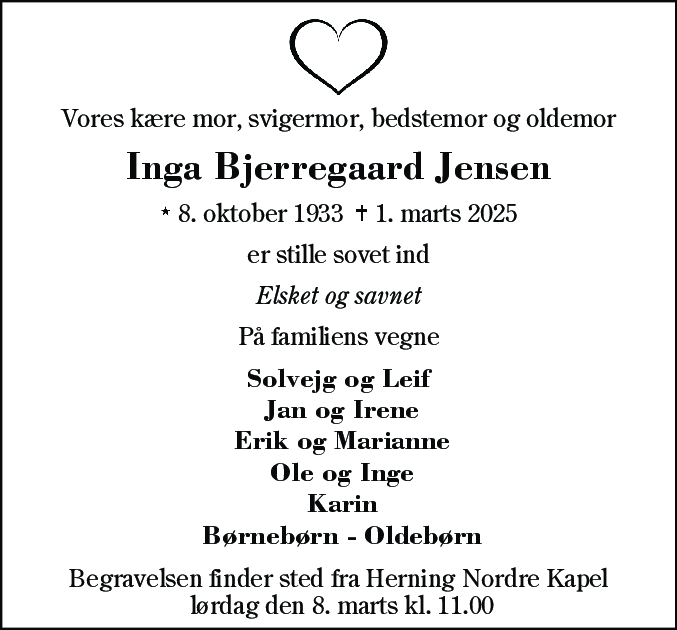 Dødsannonce for Inga Mathilde Jensen