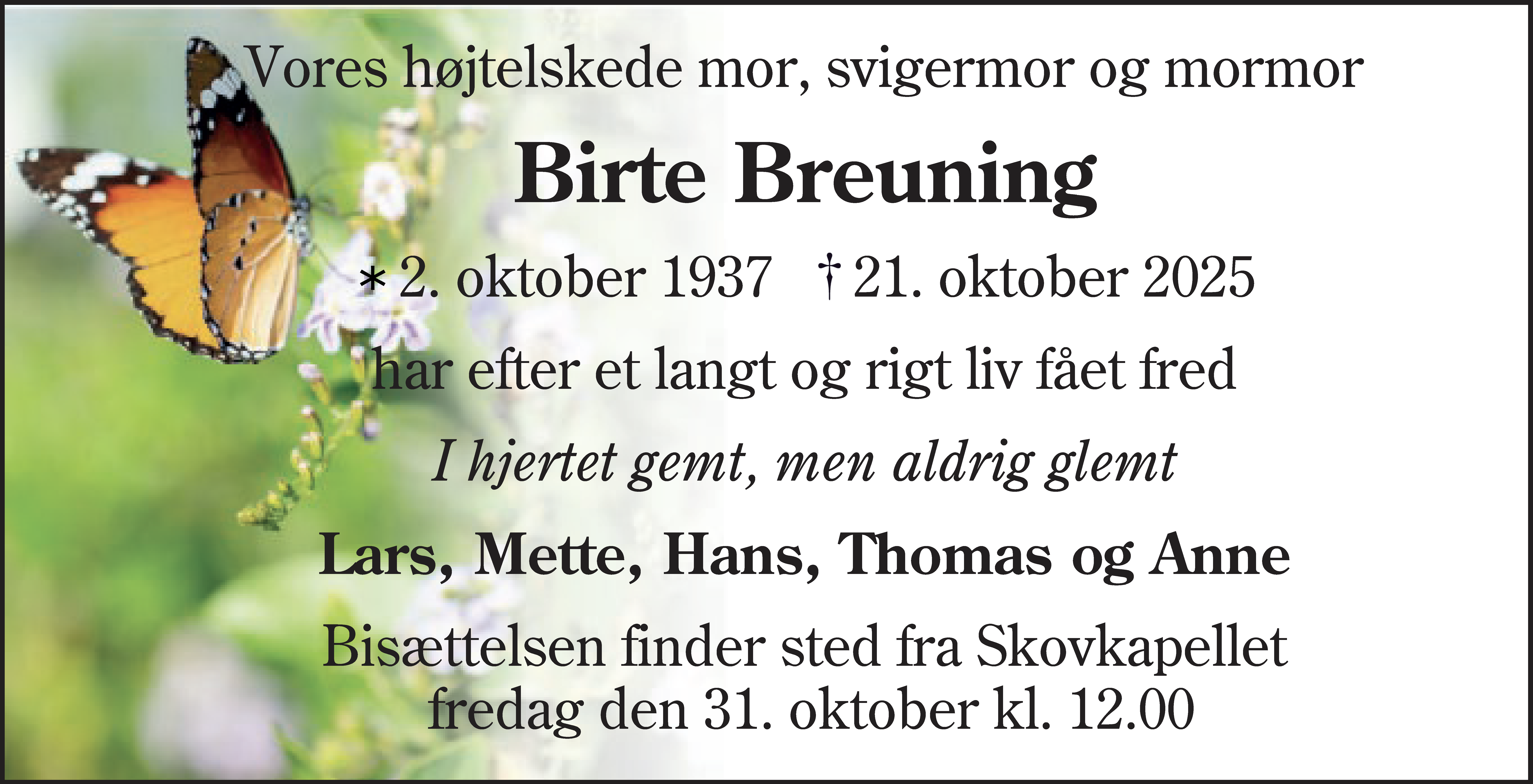 Dødsannonce for Birte Breuning