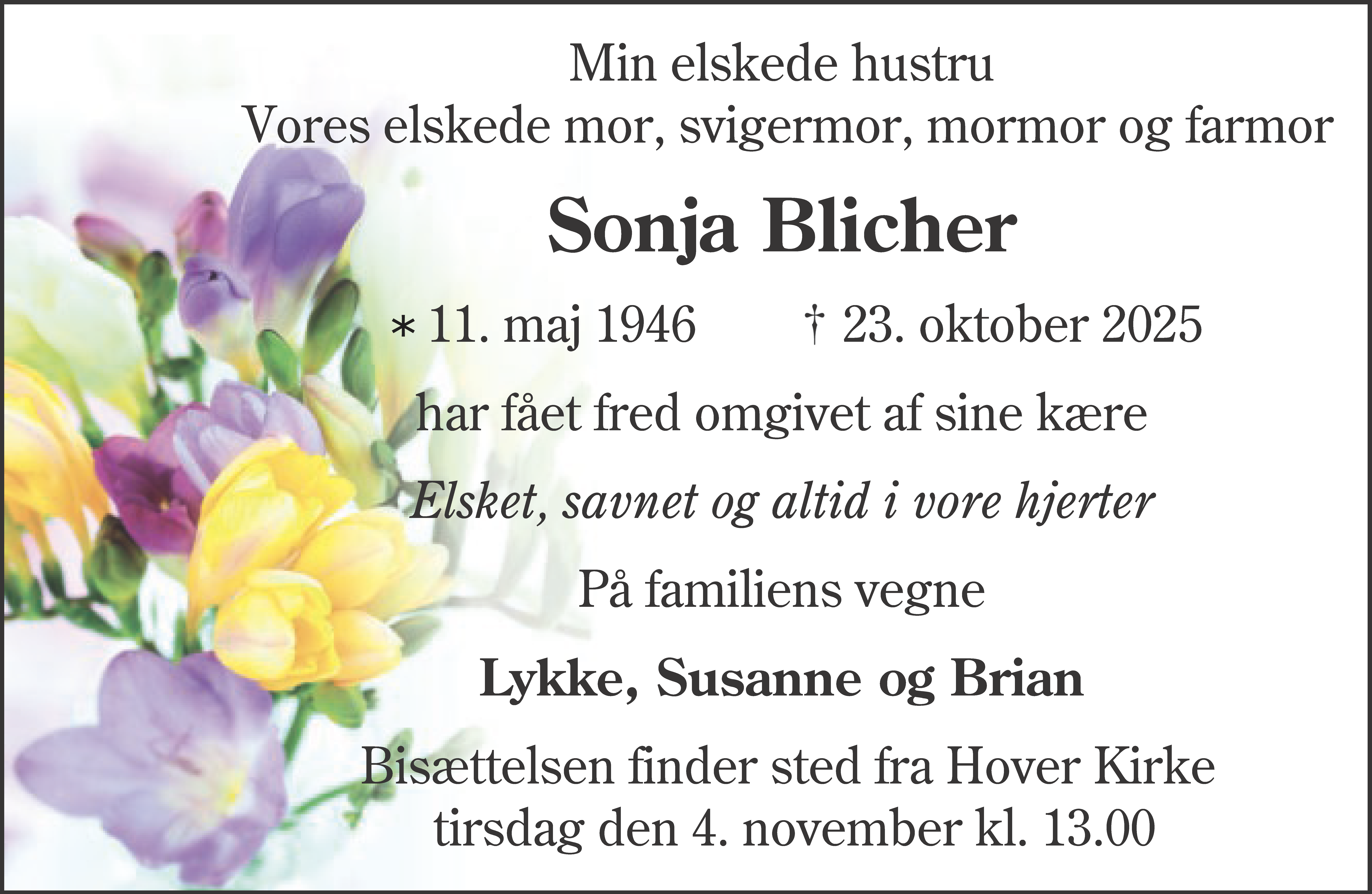 Dødsannonce for Sonja Blicher