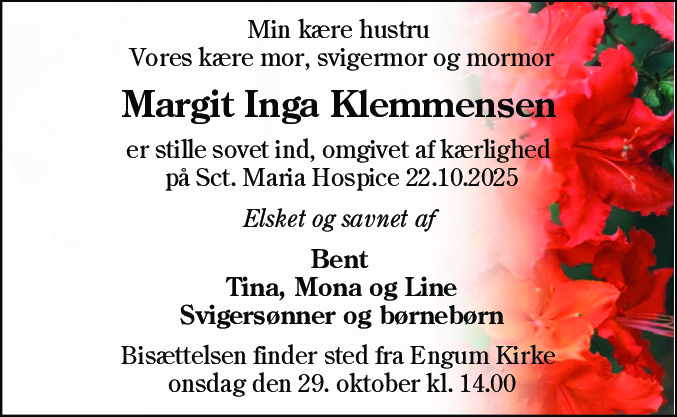 Dødsannonce for Margit Inga Klemmensen