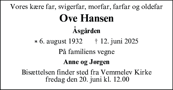 Dødsannonce for Ove Hansen