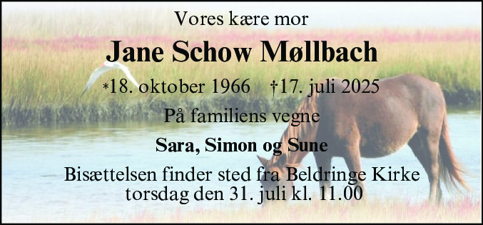 Dødsannonce for Jane Schow Møllbach