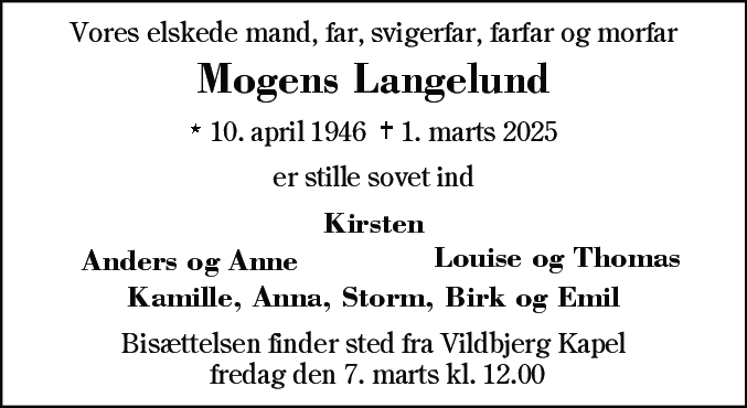 Dødsannonce for Mogens Langelund