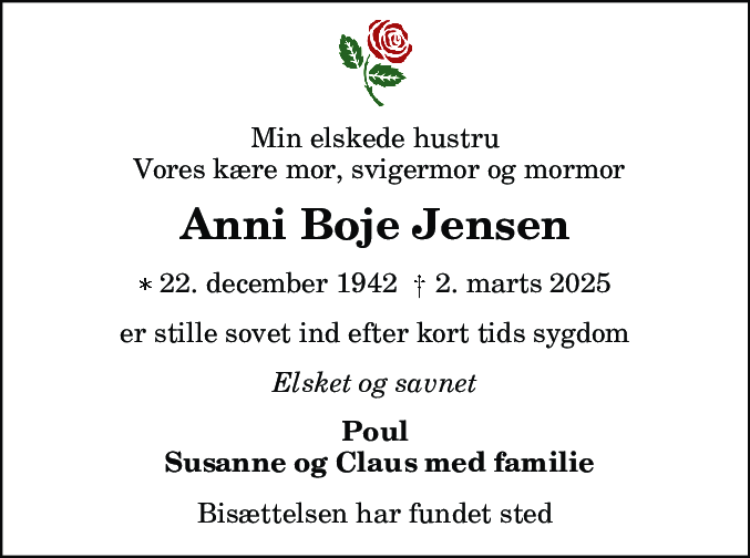 Dødsannonce for Anni Boje Jensen