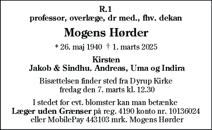 Dødsannonce for Mogens Hørder