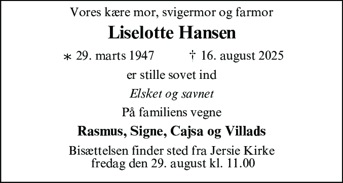 Dødsannonce for Liselotte Hansen