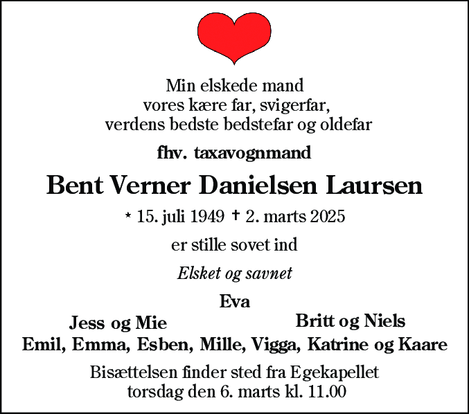 Dødsannonce for Bent Verner Danielsen Laursen