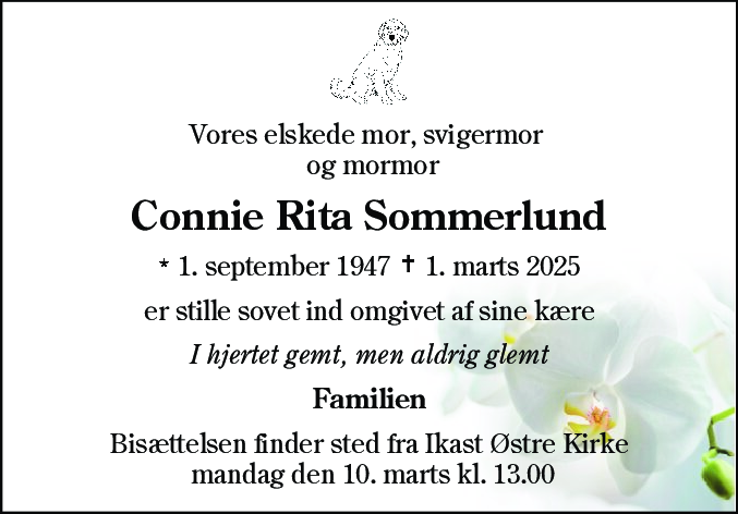 Dødsannonce for Connie Rita Sommerlund