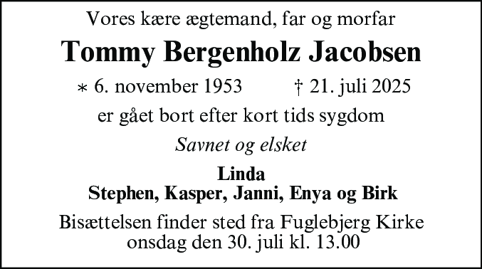 Dødsannonce for Tommy Bergenholz Jacobsen