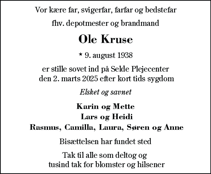 Dødsannonce for Ole Kruse