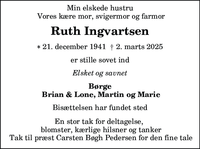 Dødsannonce for Ruth Ingvartsen