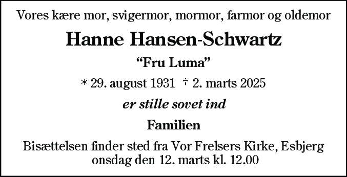 Dødsannonce for Johanne Hansen-Schwartz