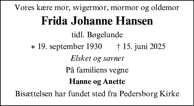 Dødsannonce for Frida Johanne Hansen