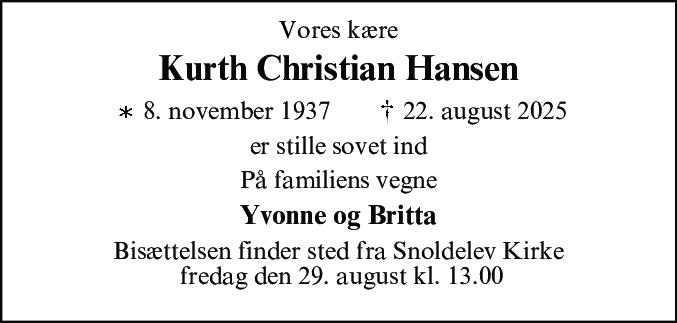 Dødsannonce for Kurth Christian Hansen