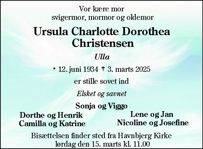 Dødsannonce for Ursula Charlotte Dorothea Christensen
