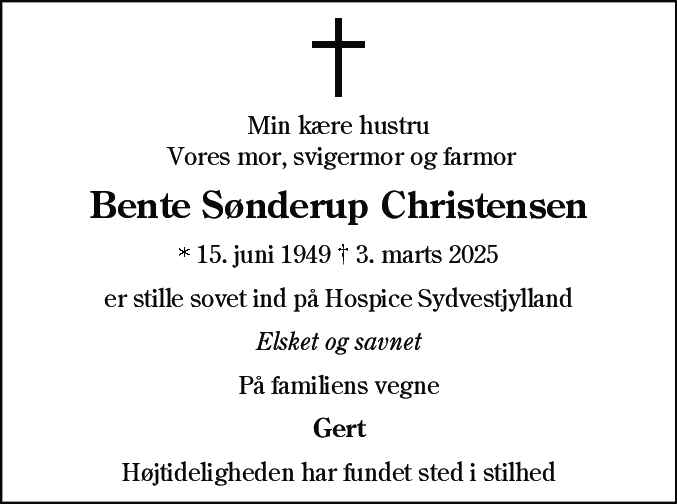 Dødsannonce for Bente Sønderup Christensen