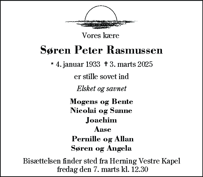 Dødsannonce for Søren Peter Rasmussen