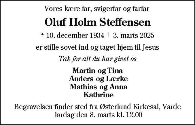 Dødsannonce for Oluf Holm Steffensen