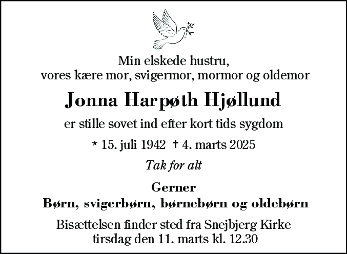 Dødsannonce for Jonna Harpøth Hjøllund