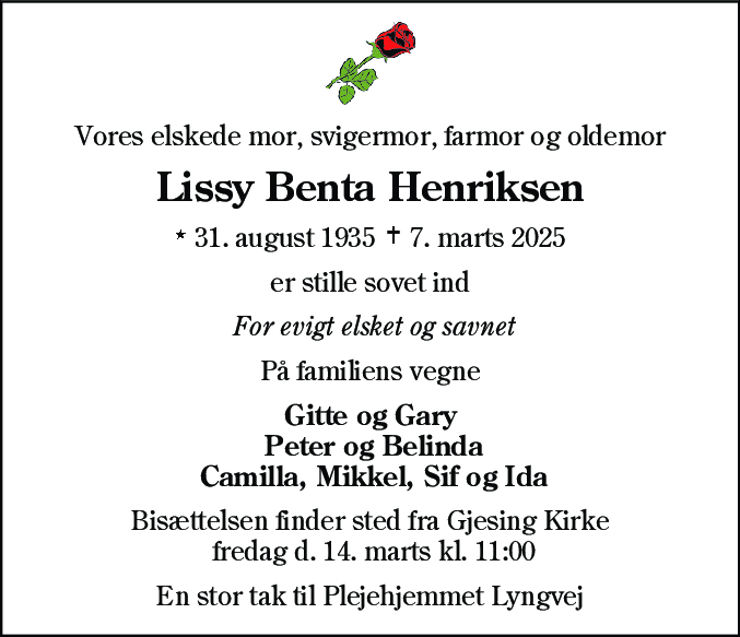 Dødsannonce for Lissy Benta Henriksen
