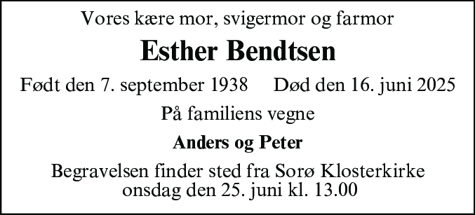 Dødsannonce for Esther Helene Bendtsen
