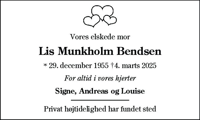 Dødsannonce for Lis Munkholm Bendsen